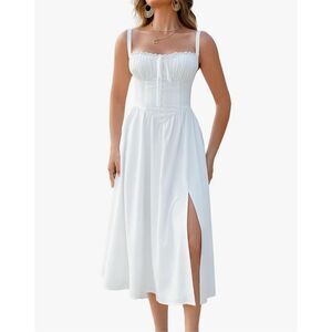 NEW White Smocked Sleeveless Flowy Slit A Line Beach Sundress XS